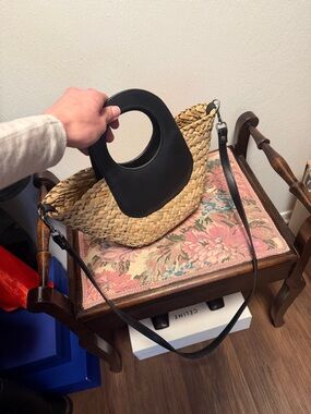 Mango Black & Natural Straw Crossbody Bag